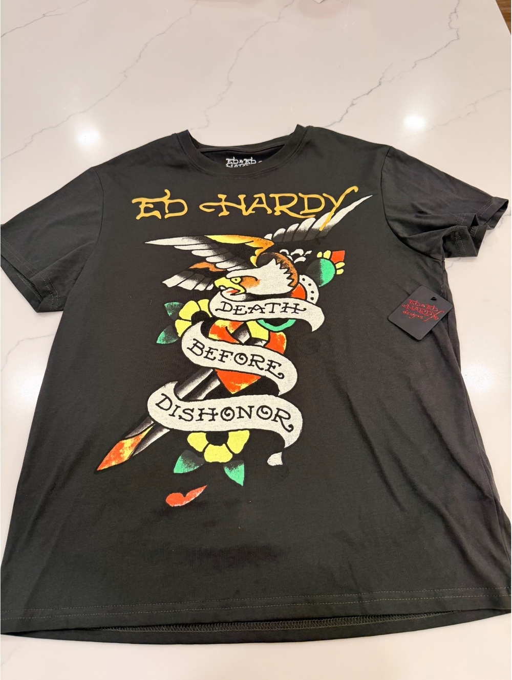 NEW Ed Hardy Graphic Print Black Short Sleeve T-Shirt Size Medium